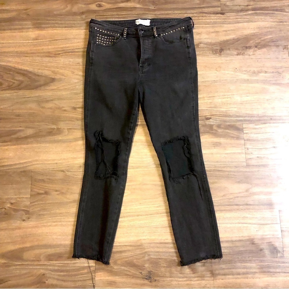 Free People Jeans Women's 30 Skinny Black Payton Studded Distressed Raw Hem